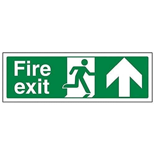 Image of V Safety 14001AX-S Fire Exit Arrow Up Sign - Landscape - 300mm x 100mm - Self Adhesive Vinyl, Green