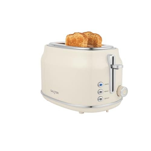 Image of Salter Retro Cream 2-Slice Toaster - Wide Slots, 6 Browning Levels, Defrost, Reheat & Cancel, High-Lift Eject, Removable Crumb Tray, Self-Centring, Anti-Jam Function, For Bagels, Vintage Design, 815W
