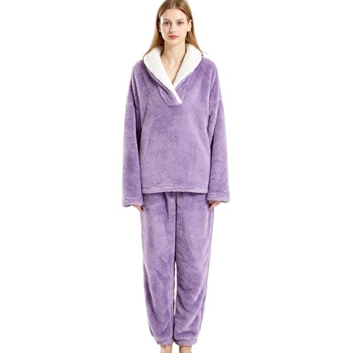 Image of Yanhalo Womens Pyjamas Warm Fleece Pyjamas Set Winter Soft Ladies 2 Piece Nightwear Loungewear Set Longsleeve Top and Thermal Bottoms Pjs Sleepwear with Pocket Purple