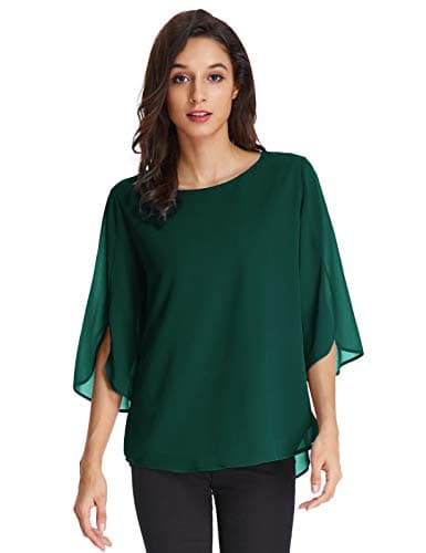 Image of GRACE KARIN Ladies Elegant Chiffon Floral Tops 3/4 Sleeves Blouse Shirt Loose Blouse Crew Neck Dark Green 2XL