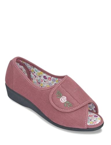Image of Jo & Joe Ladies Embroidered Open Toe Slipper Molly Extra Wide Fit with Touch Fastening Pink 8