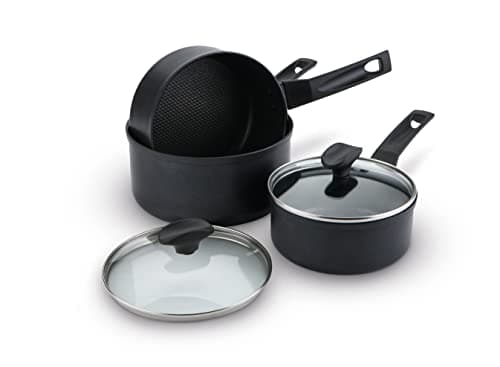 Image of Prestige - 9x Tougher - 3 Piece Saucepan Set - Durable Cookware - Superior Dimpled Non-Stick - Induction Suitable - Dishwasher and Oven Safe - Glass lids - 10 Year Guarantee - 16/18/20 cm