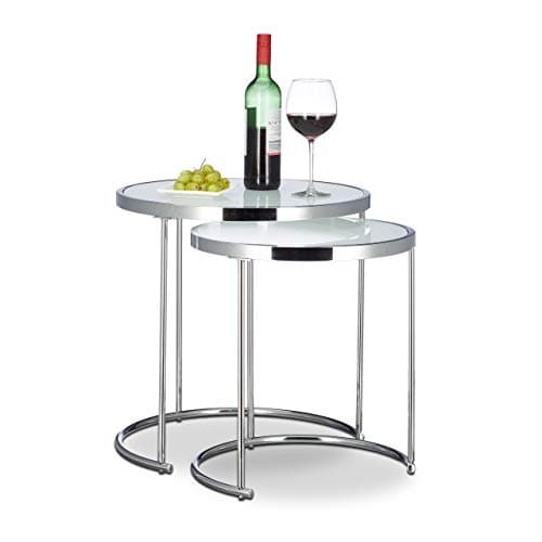 Image of Relaxdays Nesting Tables Round, Chrome Frame, Set of 2, Modern Design - Frosted Glass, Side Table End Tables, Metal, Silver