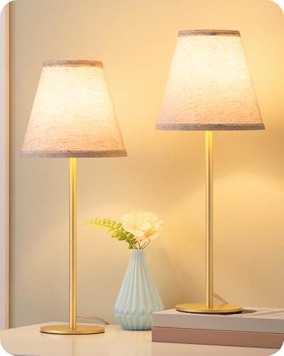 Image of EDISHINE 16.4" Bedside Table Lamps Set of 2, Cone Table Lamp for Bedroom with Oatmeal Fabric Linen Shade, Metal Base, Small Nightstand Lamp for Living Room Office Dorm, E27 2700K Bulb Included