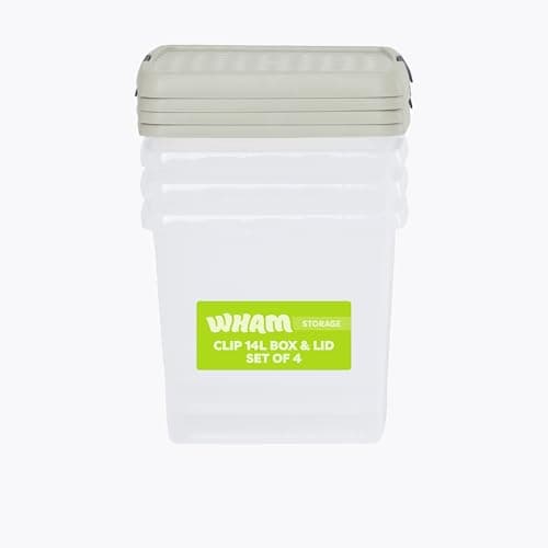 Image of Wham Clip 4 x 14L Square Stackable Plastic Storage Boxes with Lids | Ideal for Home, Office, Toys & More | Storage Containers with Clip Locks | Made in UK - Clear/Stone