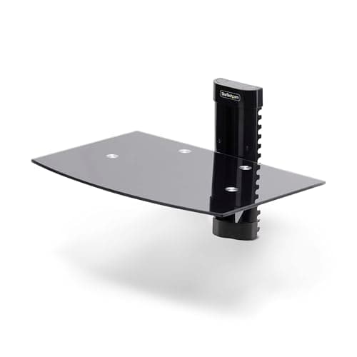 Image of StarTech.com 1 Floating Wall-Mounted AV Shelf, Black Tempered Glass, Minimalist Style, Wall Shelf, 14.2 x 9.8 x 8.5 inches