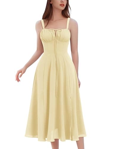 Image of IWEMEK Women's Summer Corset Midi Milkmaid Dress Wedding Guest Dresses Maxi SundressFloral Casual Spaghetti Strap Split Side High Waist Yellow M