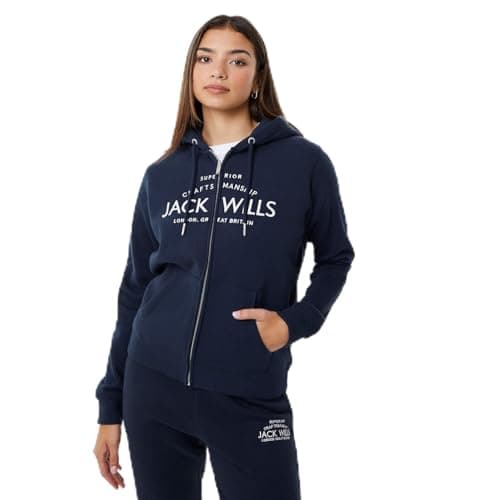Image of Jack Wills Womens Hunston Logo Zip Hoodie Hoody Hooded Top Long Sleeve Regular Navy 12 (M)