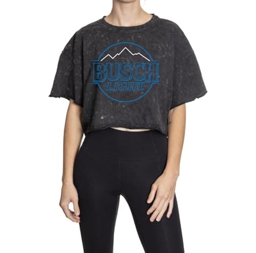 Image of Calhoun Womens Busch Light Acid Washed Crop Top – Official Logo Tee, Oversized Cotton Drop Shoulder T-Shirt, Black, L-XL