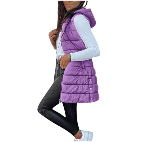 Image of Cocila Hooded Gilet for Women UK Puffer Vest Quilted Gilet 2025 NEW Outwear Vest Hooded Warm Winter Zip Up Lightweight Body Warmer Padded Stand Collar Sleeveless Outdoor Jacket Plus Size Purple M