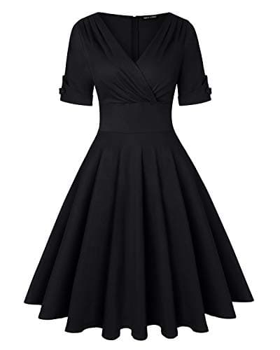 Image of MINTLIMIT Women's Elegant Casual Half Sleeve Wrap Dress Retro V-Neck A Line Work Swing Dresses (Black,Size XXL)