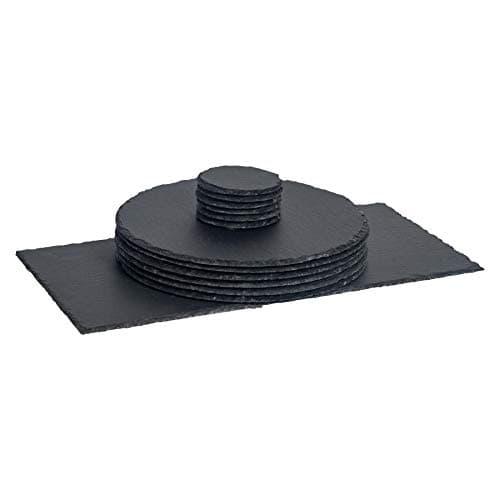 Image of Argon Tableware Round Slate Placemats, Drink Coasters & Platter Set - 13pc - Black Natural Slate Dinnerware Place Settings Dining Mats for Kitchen, Home, Bar, Restaurant, Weddings, Events