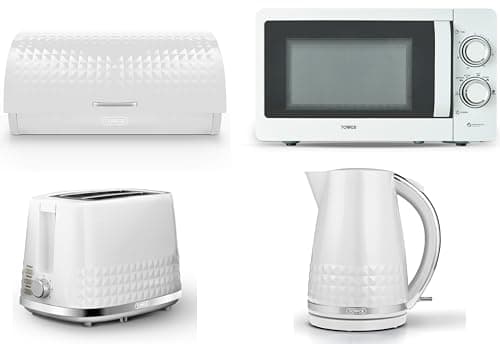 Image of Tower Solitaire White 1.5L 3KW Jug Kettle, 2 Slice Toaster, T24042WHT 800W 20L Manual Microwave & Bread Bin. Matching Contemporary Design Kitchen Set in White