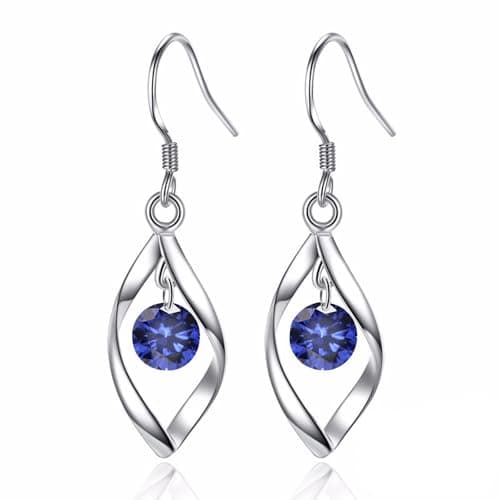 Image of Zolkamery Silver Dangle Earrings, 925 Sterling Silver Drop Earrings for Women, Teardrop Twist Drop Earrings with Sapphire Blue Zircon, White Gold Dangly Hook Earrings, Gifts for Ladies Girls Birthday