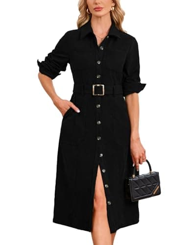 Image of YEXPINE Women's Corduroy Midi Dress Long Sleeve Belted Button Down Shirt Long Dress with Pockets, Black, M