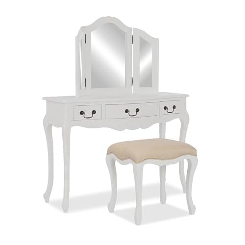 Image of Statement Furniture Juliette White Dressing Table Set with 3 drawers | French Dressing Table Set With 3-Way Mirror and Stool | Vanity Makeup Table (DT-SET-W)