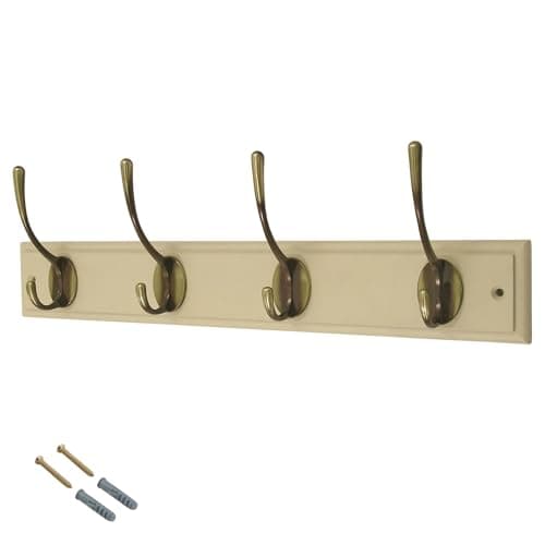 Image of Keypak 4 Hooks Cream Wall Mounted Coat Rack with Victorian Antique Brass Hooks - Heavy Duty Wooden Board for Coats, Hats, Bags, Tools Space Saving Wall Storage Organiser, Fixings Included