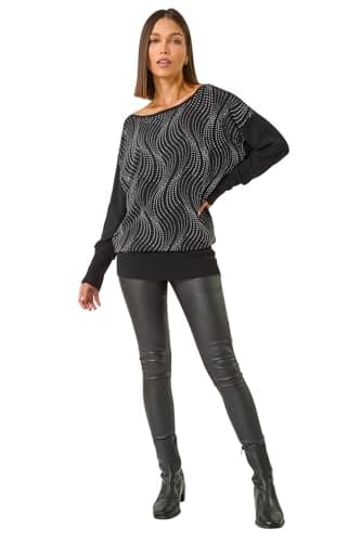 Image of Roman Originals Women Diamante Embellished Jumper Ladies Sparkly Sequin Sweater Batwing Autumn Winter Knit Knitwear Glittery Shiny Casual Evening Going Out Party - Noir Silver - Size 14