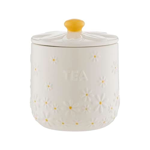 Image of Price & Kensington Daisy Tea Storage Jar | 700ml Airtight Ceramic Canister | Embossed Daisy 3D Lid with Hand-Painted Yellow Handle | Cream Glaze | Kitchen Storage Container