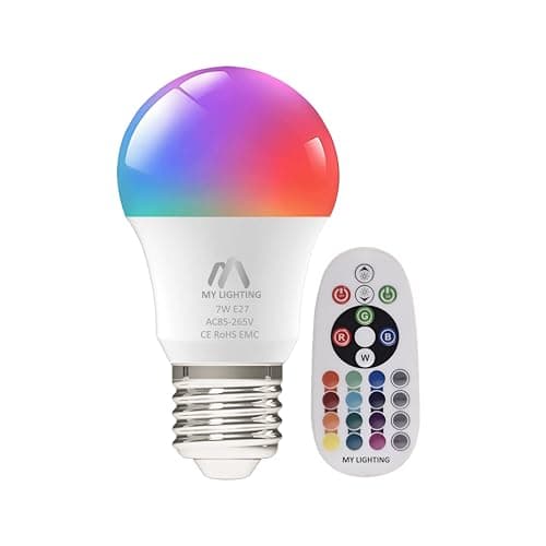 Image of My Lighting 7W E27 LED Bulb | RGB + Warm White 3000K, 16 Million Colors, Dimmable | 806 Lumens, Remote Control | Energy-Efficient Edison Screw LED for Home Décor & Mood Lighting (1 Pack)