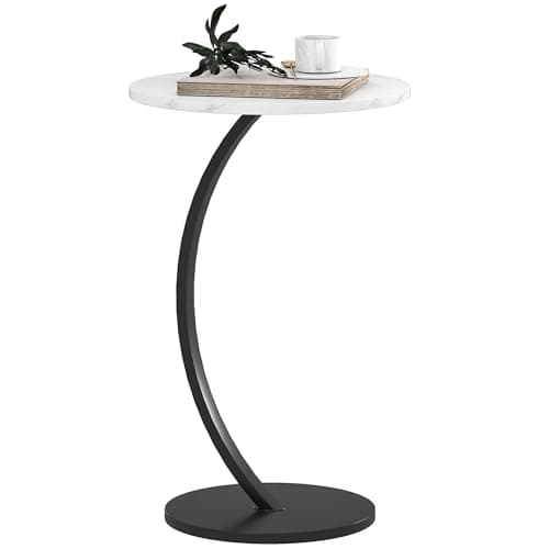 Image of HOMCOM C Shaped Side Table, Round Bedside Table with Marble Effect Top, Modern Coffee Table Sofa End Table with Metal Frame for Living Room Bedroom Office, White