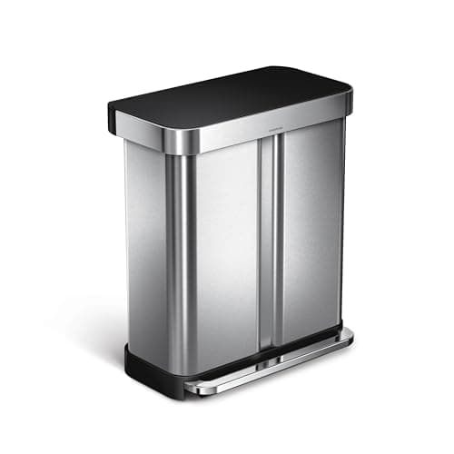 Image of simplehuman 58 Liter / 15.3 Gallon Rectangular Dual Compartment Recycling Kitchen Step Trash Can with Soft-Close Lid, Brushed Stainless Steel with Black Plastic Lid