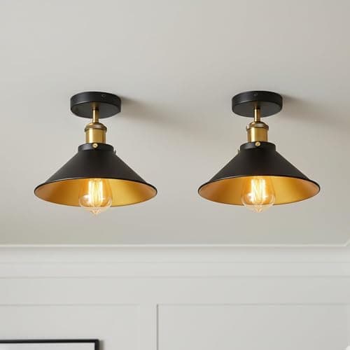 Image of LEDSone Vintage Metal E27 Black Inner Gold Flush Mount Semi Flush Fitting for Living Room Kitchen Bedroom Dining Room Office with 22cm Cone Lampshade with Bulb