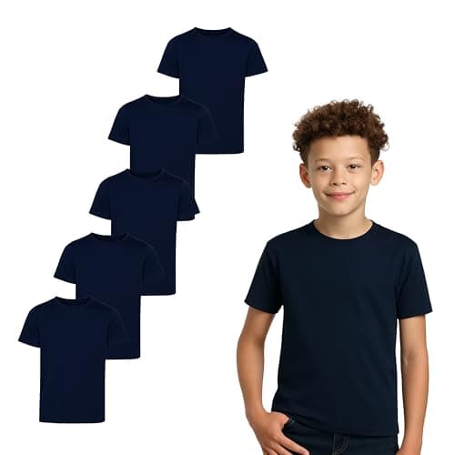 Image of Boys & Girls T-shirts For Kids (Pack of 5) | Cotton, Plain, Short Sleeve, Comfortable & Durable Tops in MultiColor | Best For School, Sports, Travel & Outdoor Activities | Navy Blue , 9-11 Yrs