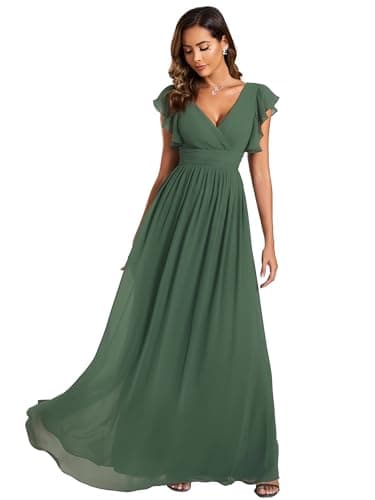 Image of Ever-Pretty Women's Long Bridesmaid Wedding Guest Dress Elegant Chiffon A-Line Ruffles Sleeve Eucalyptus Green 16UK