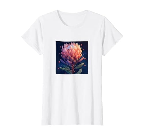 Image of Protea Flowers and Hearts Boho Style Graphic T-Shirt, Women, White, Large