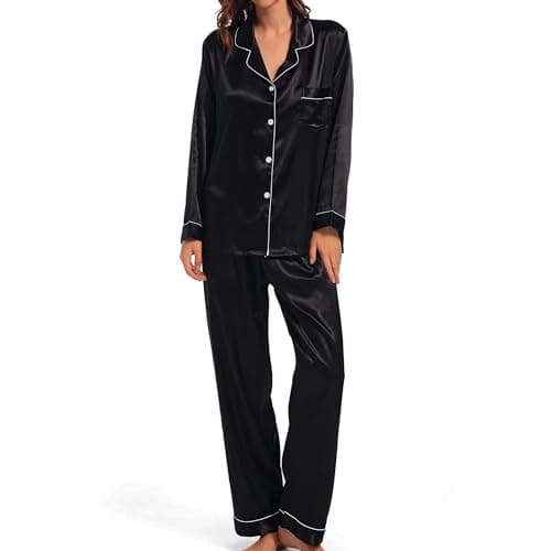 Image of Xuepelit Silk Pyjamas for Women Satin Pjs Set Womens Button Down Long Ladies Bridesmaid Pyjamas Two Pieces Silk Pjs for Women Sets, Black L