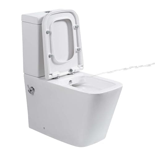 Image of Rimless Close Coupled Toilet with Bidet, All in One Integrated Combined Bidet Toilet Back to Wall Comfort Height Toilets Ceramic WC Pan Cistern Soft Close Seat Square Bathroom Toilets