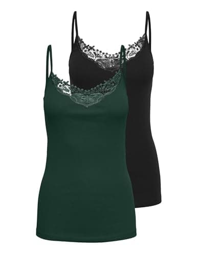 Image of ONLY Women's Kira Lace Singlet 2 Pack Vest, Black and White, L UK