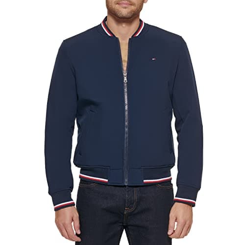 Image of Tommy Hilfiger Men's Lightweight Varsity Rib Knit Bomber Shell Jacket, Midnight Soft Shell, XXL UK