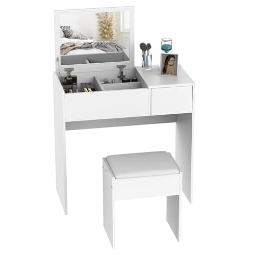 Image of HOMCOM Dressing Table with Flip-Up Mirror and Cushioned Stool, Makeup Vanity Desk with Hidden Compartments and Storage Drawer, Convertible Writing Table for Bedroom, White