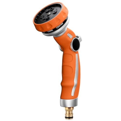 Image of RESTMO Garden Hose Pipe Spray Gun, Metal Jet Nozzle Sprayer Heavy Duty with 9 Patterns, High Pressure Water Sprayer with Thumb Flow Control, Ideal for Lawn & Plant Watering, Car & Pet Washing, Orange
