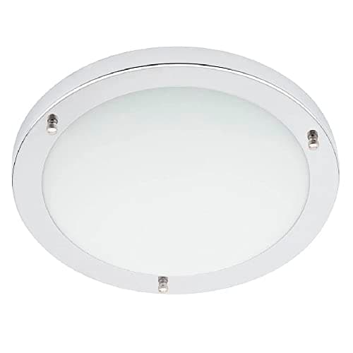 Image of Britalia Polished Chrome & Opal White Glass Bathroom Modern Round Flush Ceiling Light | 31cm Diameter | 2 x ES E27 Lamps Required | IP44 Rated | Suitable for Outdoor Use