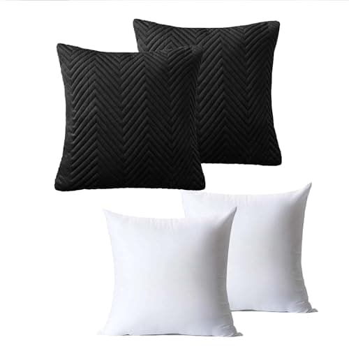 Image of BedLooms Cushions with Covers Included 45 x 45 cm Set of 4 (2 Black Cushion Covers, 2 Cushion Inserts) Ultrasonic Square Throw Pillow Cases Decorative Sofa Cushion with Invisible Zipper