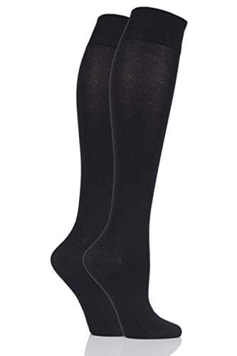 Image of SockShop Bamboo Knee High Socks - Women's Long Socks in Plain and Striped Designs, Fun, Fashionable, Bright Colours, Soft and Breathable for Comfort, 2 Pair Pack Black 4-8