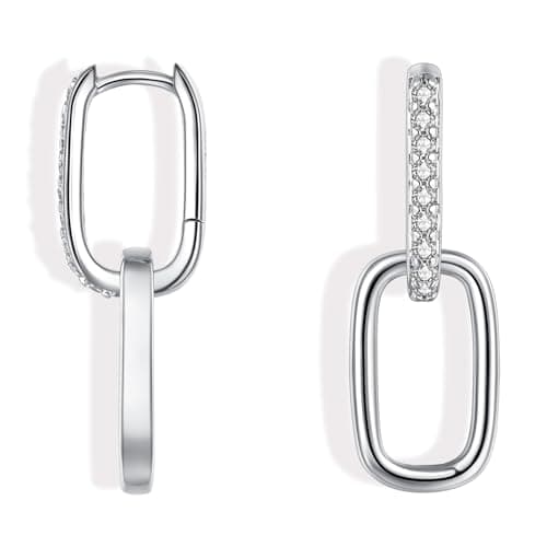 Image of Cangall Convertible Link Earrings for Women, 925 Sterling Silver Double Oval Hoop Earrings, Silver Paperclip Link Chain Hoop Earrings, Hypoallergenic Small Sleeper Silver Earrings for Women Dangling