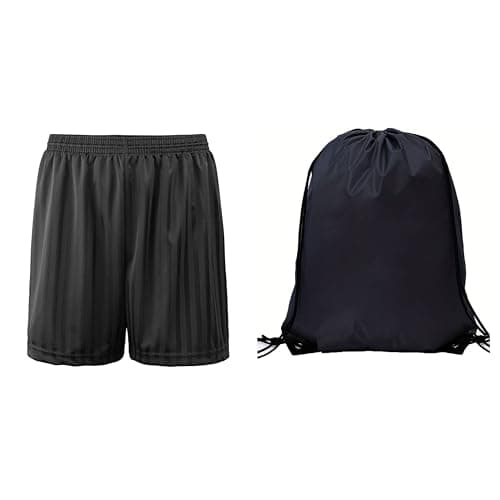 Image of ANZEE Kids Unisex Gym Summer PE Shorts and Ripstop Drawstring Backpack - Boys Girls Elastic Waist Swimming Football Cycling Sports Games Bottom Age 2-13 Years (UK, Age, 12 Years, 13 Years, Black)