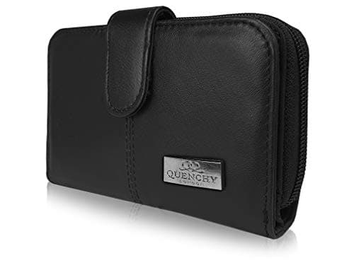 Image of Quenchy London Real Leather Purse RFID Blocking with 2 Zipped Coin Sections, 5 Coin Trays, 6 Credit Debit Cards Spaces Slots 14cm x10 x3 QL225KRFID (Black)