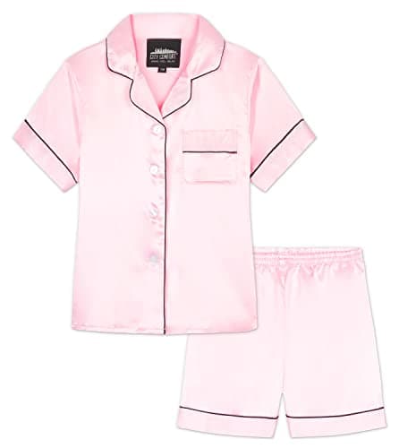 Image of CityComfort Girls Pyjamas for Kids & Teenagers Summer Nightwear Sets Button Down Satin Short PJs Breathable Soft Loungewear Short Sleeved Jammies for Girls (13-14 Years, Pink)