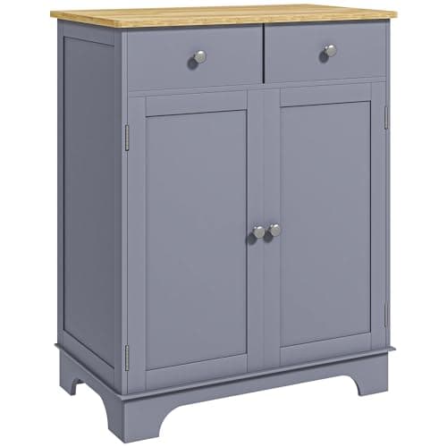 Image of HOMCOM Kitchen Floor Cabinet Side Storage Cupboard Multi-use Sideboard Table with Solid Wood Top, Adjustable Shelf, Drawer for Dining Room, Living Room, Hallway, Grey