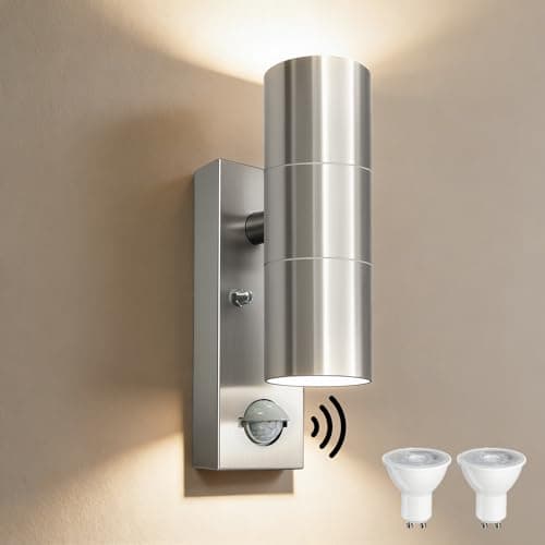 Image of YOVGQOLV Motion Sensor Outdoor Wall Lights Up and Down, Incl. 2x5w 3000K GU10 Bulbs,Stainless Steel PIR Outside Light Mains Powered, IP54 Waterproof Front Door Lamp Porch, Silver, 1 Pack