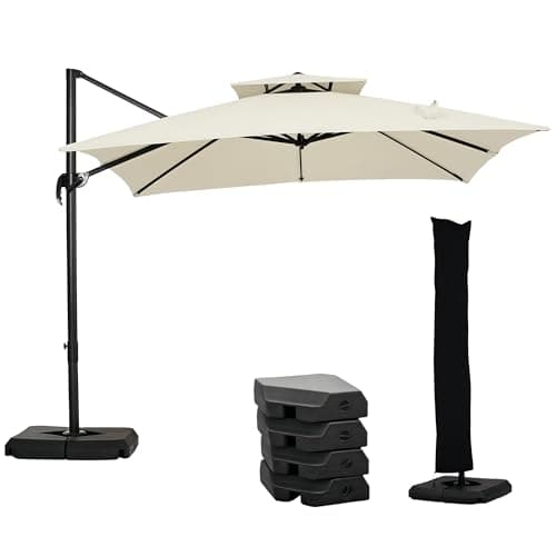 Image of Outsunny 2.7 x 2.7 m Cantilever Parasol with Aluminium Frame, Crank and Tilt, 360-Degree Rotation, Double Top Garden Umbrella with Base and Cover, Beige