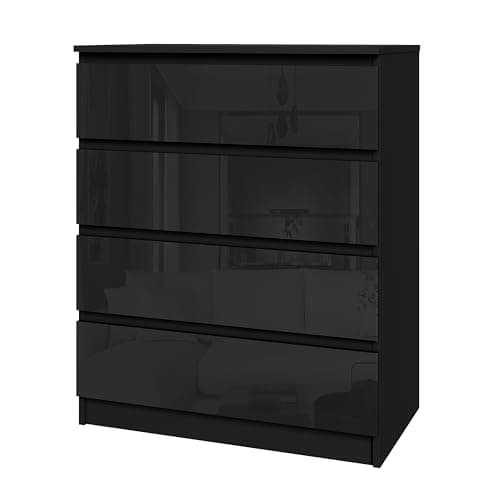 Image of Modern High-Gloss Drawer Panels Chest of Drawers, 3/4/5/6 Drawer Wooden Dresser with Metal Runner Bedside Table No Handle Sleek Design Storage Organizer Unit for Living Room Bedroom (Black, 4 Drawers)