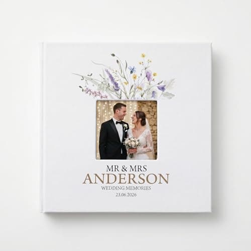 Image of Personalised Large Wedding Photo Album, Linen Cover, Self-Adhesive, Acid-Free Pages, 28x27cm, Holds 120 Photos, Wildflowers Theme