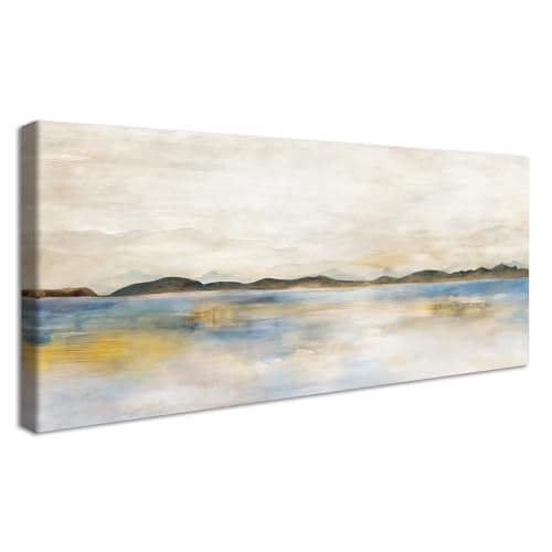 Image of Framed Large Canvas Wall Art For Living Room Watercolor Yellow Blue Beige Pastel Painting Wall Decor For Bedroom Abstract Lake Mountain Picture Poster Landscape Canvas Prints Artwork Decor 50x120cm