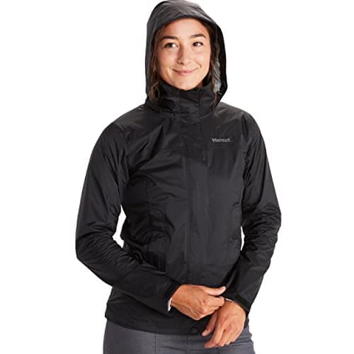 Image of Marmot Women's PreCip Eco Jacket, Waterproof Jacket, Lightweight Hooded Rain Jacket, Windproof Raincoat, Breathable Windbreaker, Ideal for Running and Hiking, Black, S